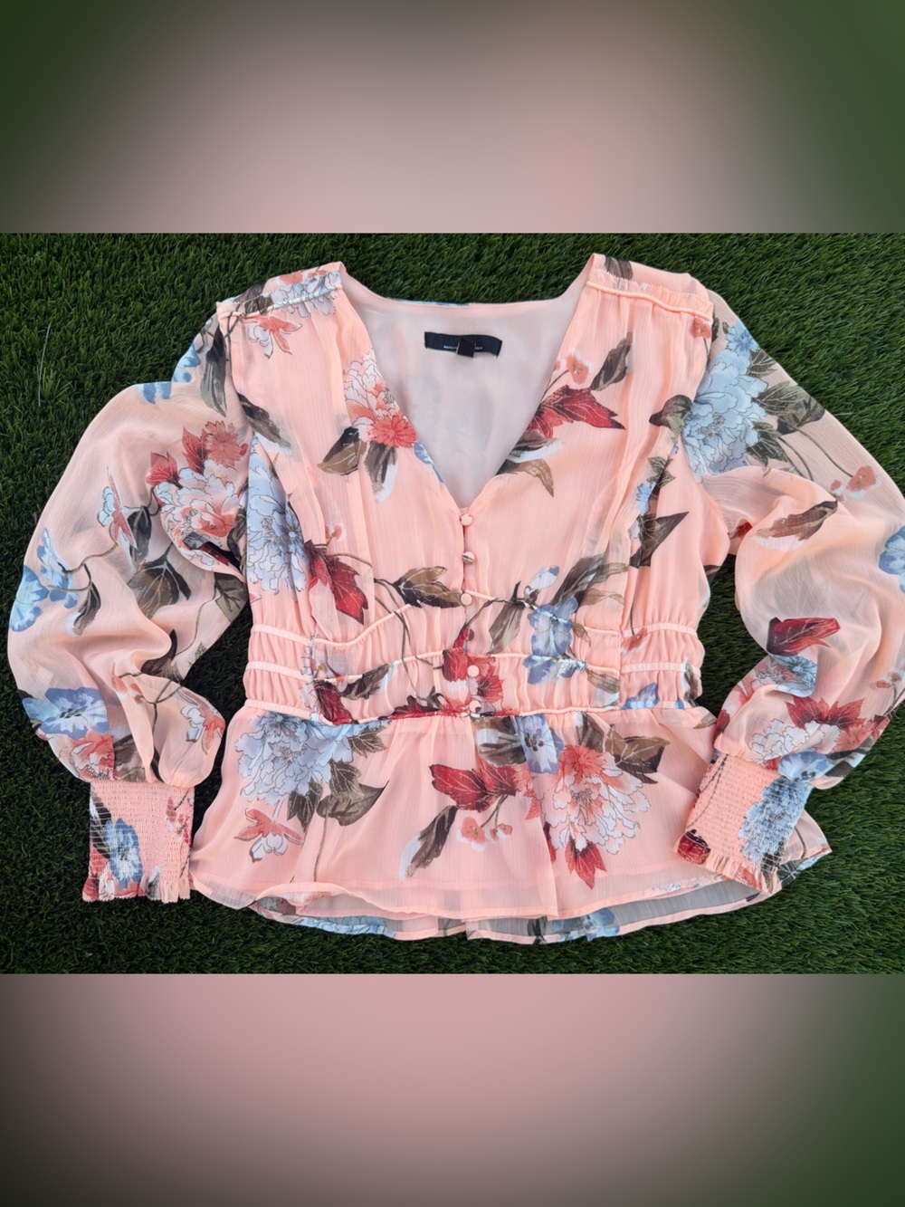 White House Black Market Floral V-Neck Blouse with Peplum & Flowy Sleeves